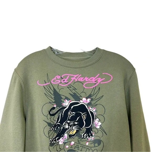 Ed Hardy - Women’s Y2k Graphic-Print Sweatshirt, Cropped, ‘Tattoo’ - Green Small - Picture 9 of 16